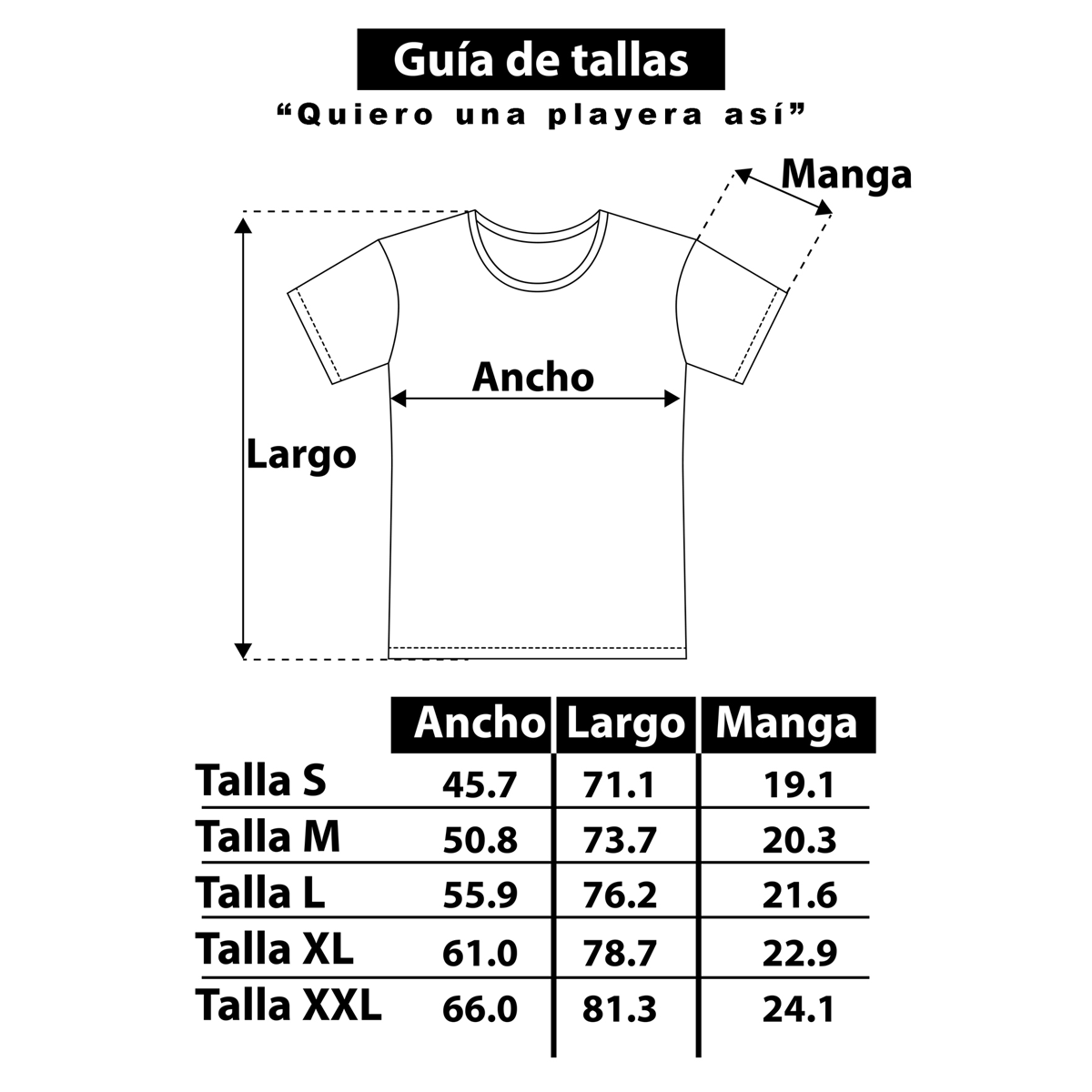 Guía de tallas: ancho, largo y manga en cm para tallas S a XXL